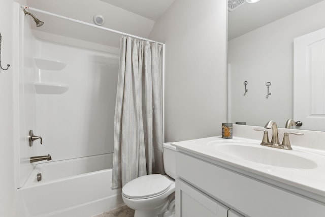 bathroom with visible vents, vanity, toilet, and shower / bath combo with shower curtain