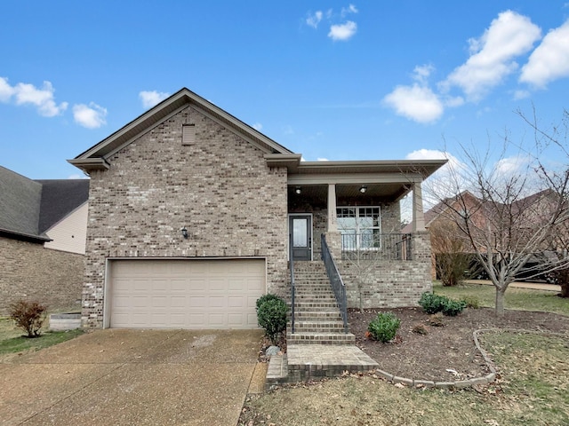 view of front of home featuring a porch, brick siding, driveway, and stairway