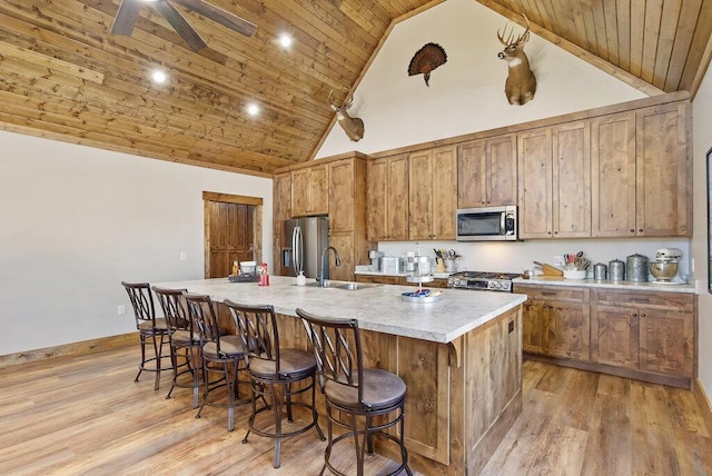 kitchen featuring a large island, stainless steel appliances, wood ceiling, a sink, and light wood-type flooring