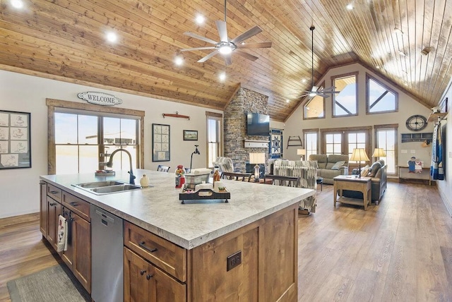 kitchen with wooden ceiling, stainless steel dishwasher, light wood-style floors, high vaulted ceiling, and a sink