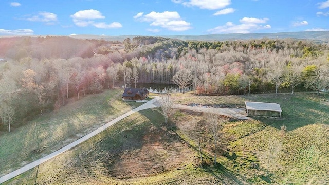 birds eye view of property featuring a forest view