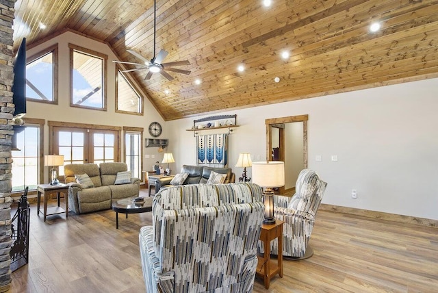 living area with wood ceiling, high vaulted ceiling, wood finished floors, and french doors