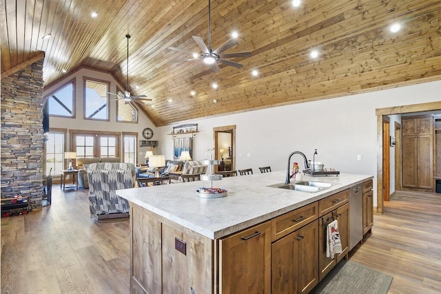 kitchen featuring light wood-type flooring, dishwasher, high vaulted ceiling, and a sink