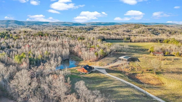 bird's eye view featuring a forest view and a mountain view