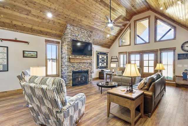 living room with high vaulted ceiling, wood ceiling, a fireplace, and wood finished floors