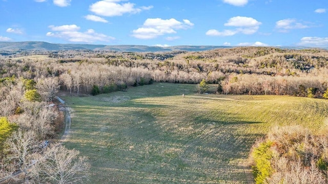 drone / aerial view featuring a mountain view and a forest view