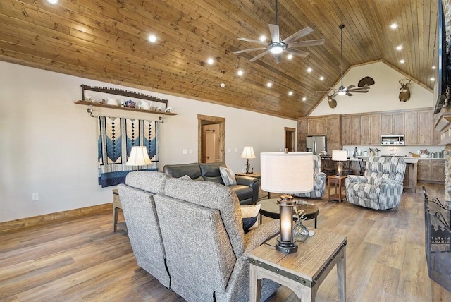 living area featuring high vaulted ceiling, wood finished floors, wood ceiling, baseboards, and a ceiling fan