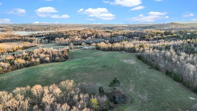 aerial view featuring a water view and a forest view