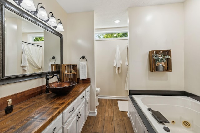 bathroom featuring toilet, wood-type flooring, a tub with jets, a textured ceiling, and vanity