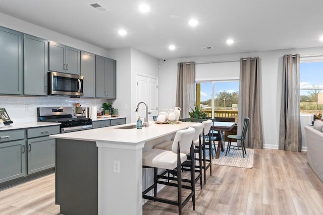 kitchen with visible vents, a sink, a kitchen island with sink, stainless steel appliances, and backsplash