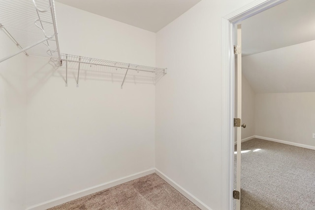 spacious closet with carpet flooring and vaulted ceiling