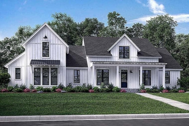 modern inspired farmhouse featuring a front lawn, board and batten siding, and roof with shingles