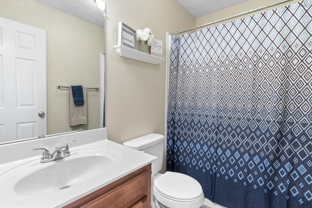 full bathroom with a shower with curtain, a textured ceiling, toilet, and vanity