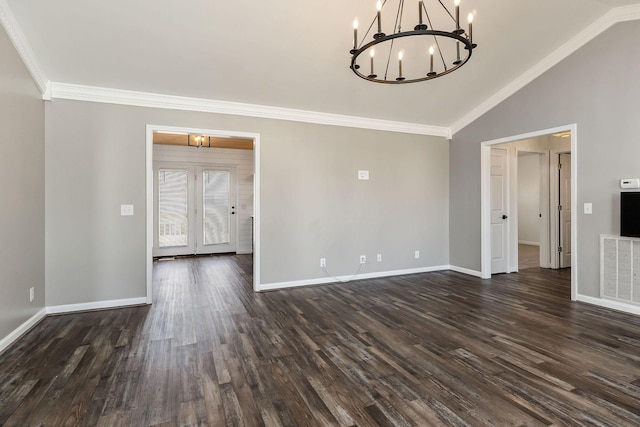 interior space featuring visible vents, ornamental molding, vaulted ceiling, a chandelier, and baseboards