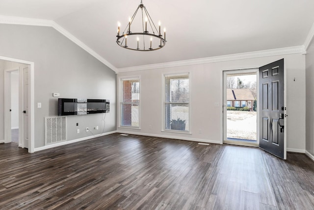 unfurnished living room with lofted ceiling, ornamental molding, dark wood-style flooring, and visible vents