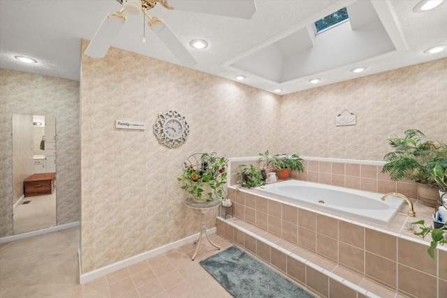 bathroom featuring recessed lighting, tile patterned floors, a bath, and wallpapered walls