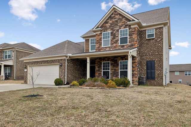 view of front of home featuring concrete driveway, stone siding, roof with shingles, an attached garage, and a front lawn