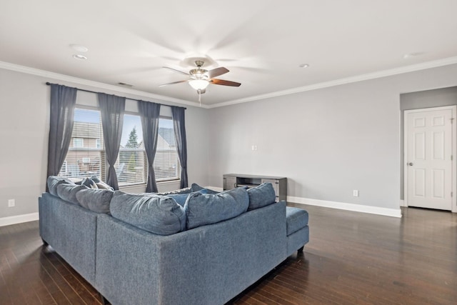 living room with baseboards, visible vents, a ceiling fan, dark wood-style floors, and ornamental molding