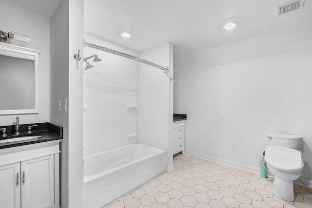 full bathroom featuring baseboards, visible vents, toilet, tub / shower combination, and vanity