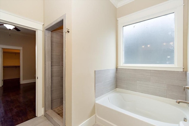 bathroom with baseboards, wood finished floors, a garden tub, a spacious closet, and a shower stall