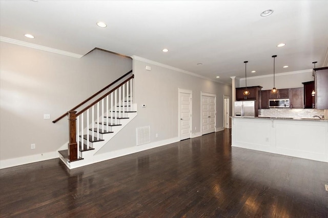 unfurnished living room featuring recessed lighting, visible vents, baseboards, stairs, and dark wood-style floors