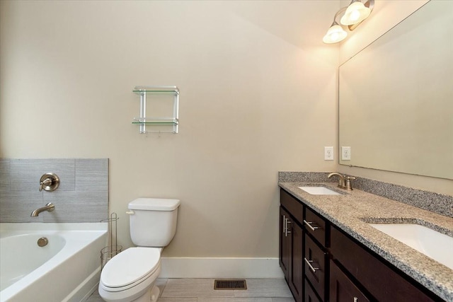 full bathroom with a bathtub, visible vents, toilet, a sink, and baseboards