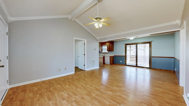 unfurnished living room featuring light wood finished floors, visible vents, lofted ceiling with beams, a ceiling fan, and baseboards