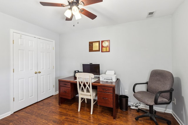 office area featuring baseboards, visible vents, ceiling fan, and wood finished floors