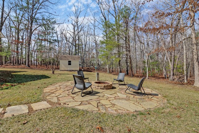 view of yard with a storage unit, a patio, an outdoor fire pit, and an outdoor structure