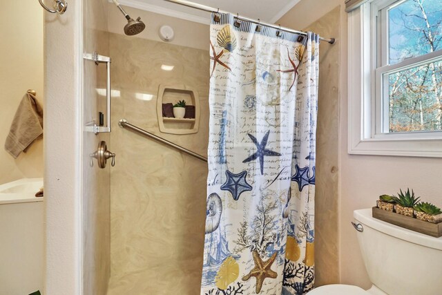 bathroom with toilet and a shower with curtain