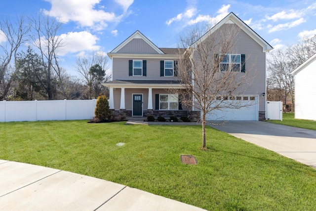 view of front of house featuring concrete driveway, fence, a garage, stone siding, and a front lawn