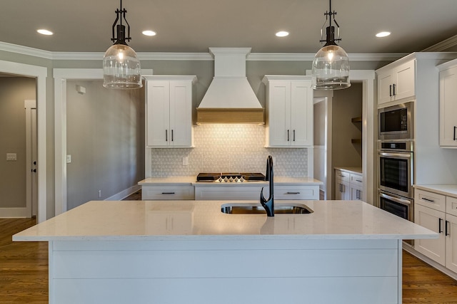 kitchen with dark wood-style flooring, stainless steel appliances, backsplash, a sink, and premium range hood