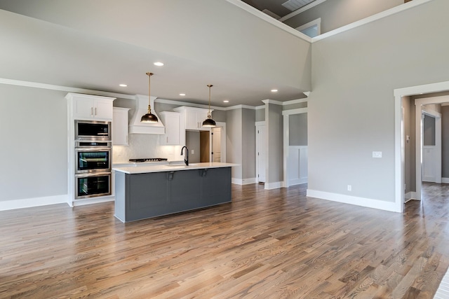 kitchen with custom exhaust hood, stainless steel appliances, light countertops, white cabinetry, and a sink