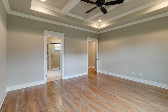 unfurnished room featuring light wood-style flooring, baseboards, ceiling fan, and beam ceiling