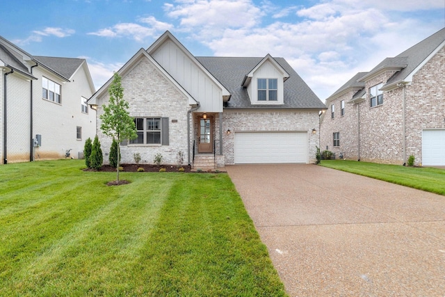 view of front facade featuring a garage, brick siding, driveway, a front lawn, and board and batten siding