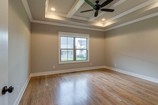 empty room featuring ceiling fan, recessed lighting, wood finished floors, baseboards, and beam ceiling