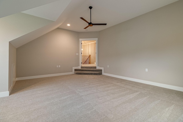 bonus room featuring recessed lighting, ceiling fan, baseboards, and stairs