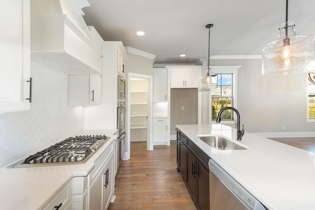 kitchen with light countertops, stainless steel gas stovetop, a sink, premium range hood, and dishwashing machine