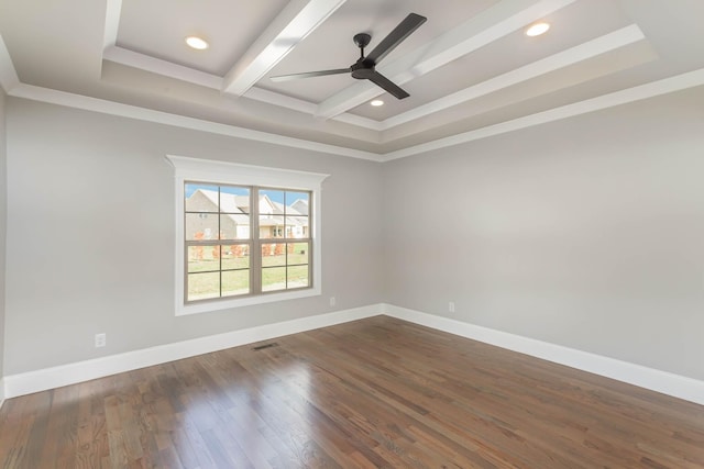 unfurnished room with dark wood-style floors, baseboards, a ceiling fan, and recessed lighting