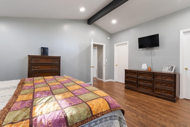 bedroom with recessed lighting, lofted ceiling with beams, baseboards, and wood finished floors