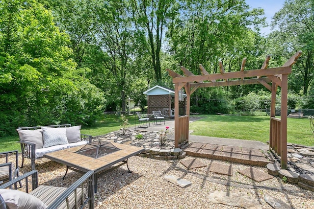 view of patio / terrace featuring fence, outdoor lounge area, and a pergola