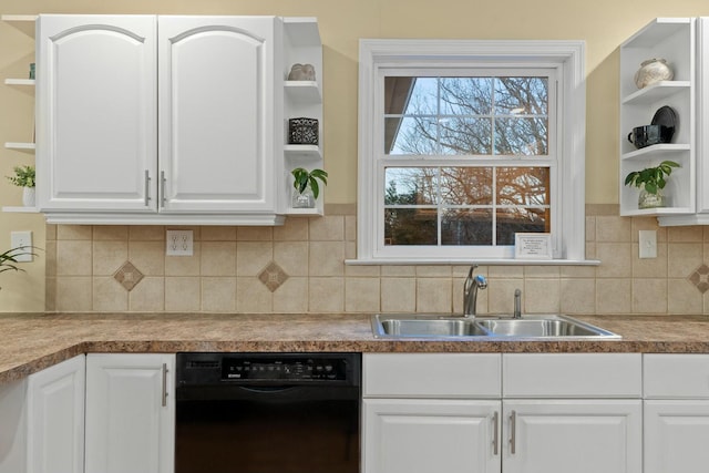 kitchen with dishwasher, open shelves, a sink, and white cabinetry