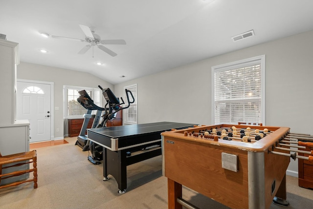 game room with ceiling fan, recessed lighting, light carpet, visible vents, and vaulted ceiling