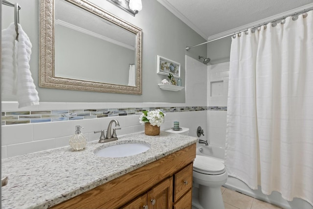 bathroom with toilet, tile patterned floors, vanity, shower / tub combo with curtain, and crown molding