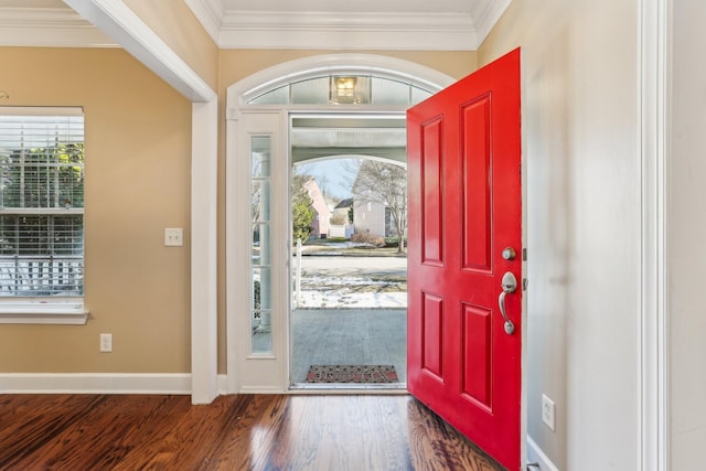 entrance foyer featuring baseboards, wood finished floors, and crown molding