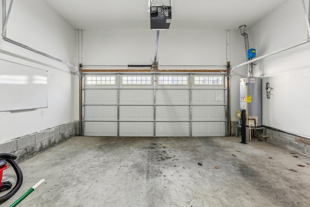 garage with gas water heater and a garage door opener