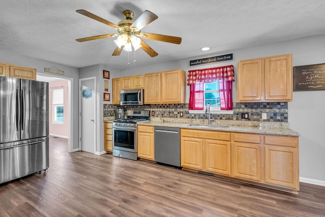 kitchen featuring stainless steel appliances, dark wood-style flooring, light brown cabinets, and a sink