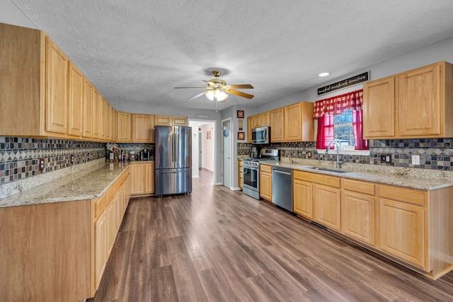 kitchen with light brown cabinetry, appliances with stainless steel finishes, dark wood-type flooring, a sink, and light stone countertops