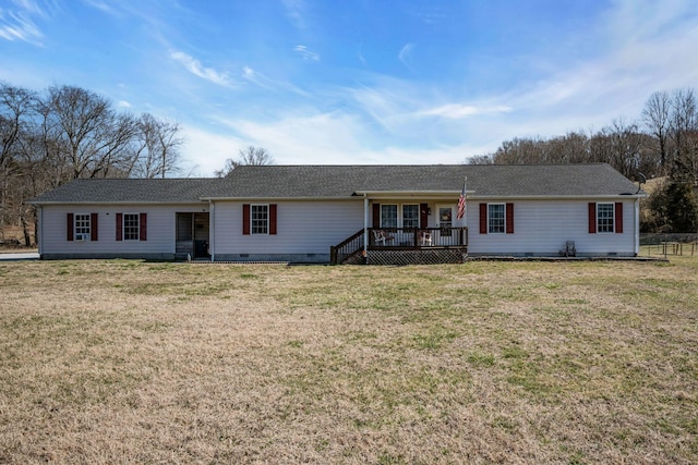 single story home with crawl space, a front yard, and a wooden deck