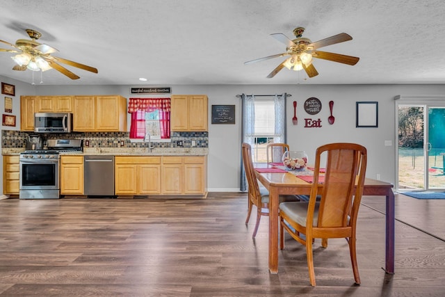 kitchen featuring light brown cabinets, decorative backsplash, stainless steel appliances, and dark wood finished floors